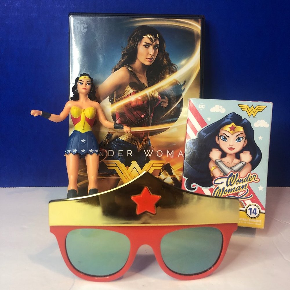 Wonder Woman Bundle - DVD Video 6" Figure Bandages Crown Sunglasses